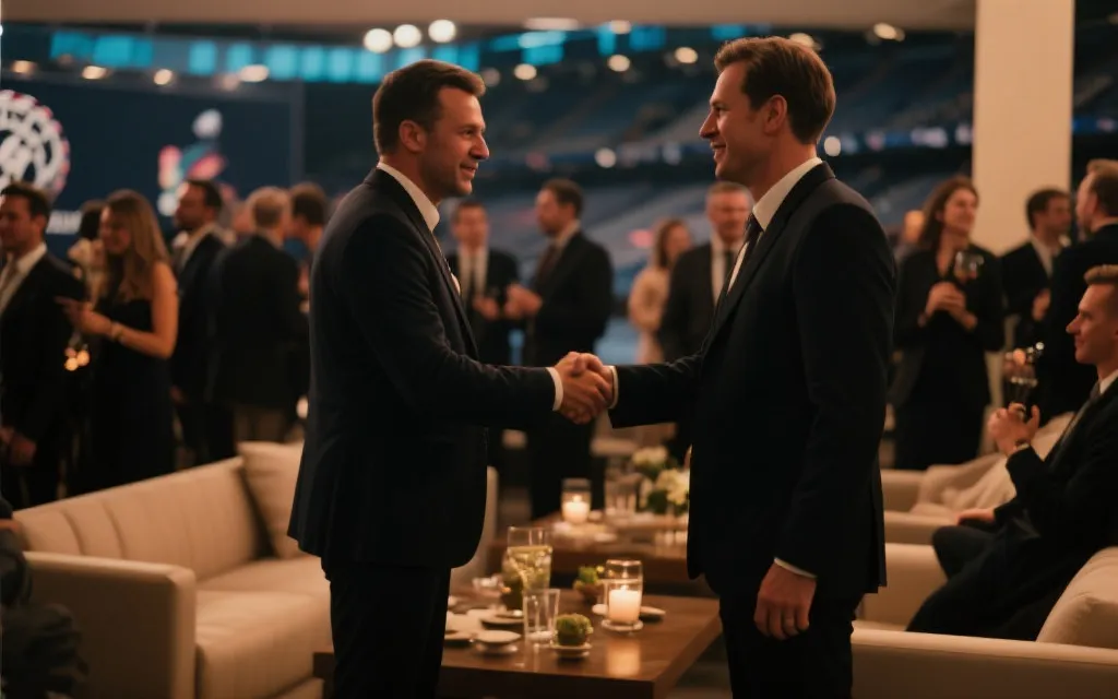 赛前贵宾派对的社交场景，低饱和色调，来宾交流与握手